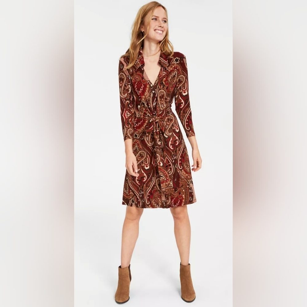 Tommy Hilfiger Petite Paisley-Print Jersey Long sleeve Shirtdress Size 6